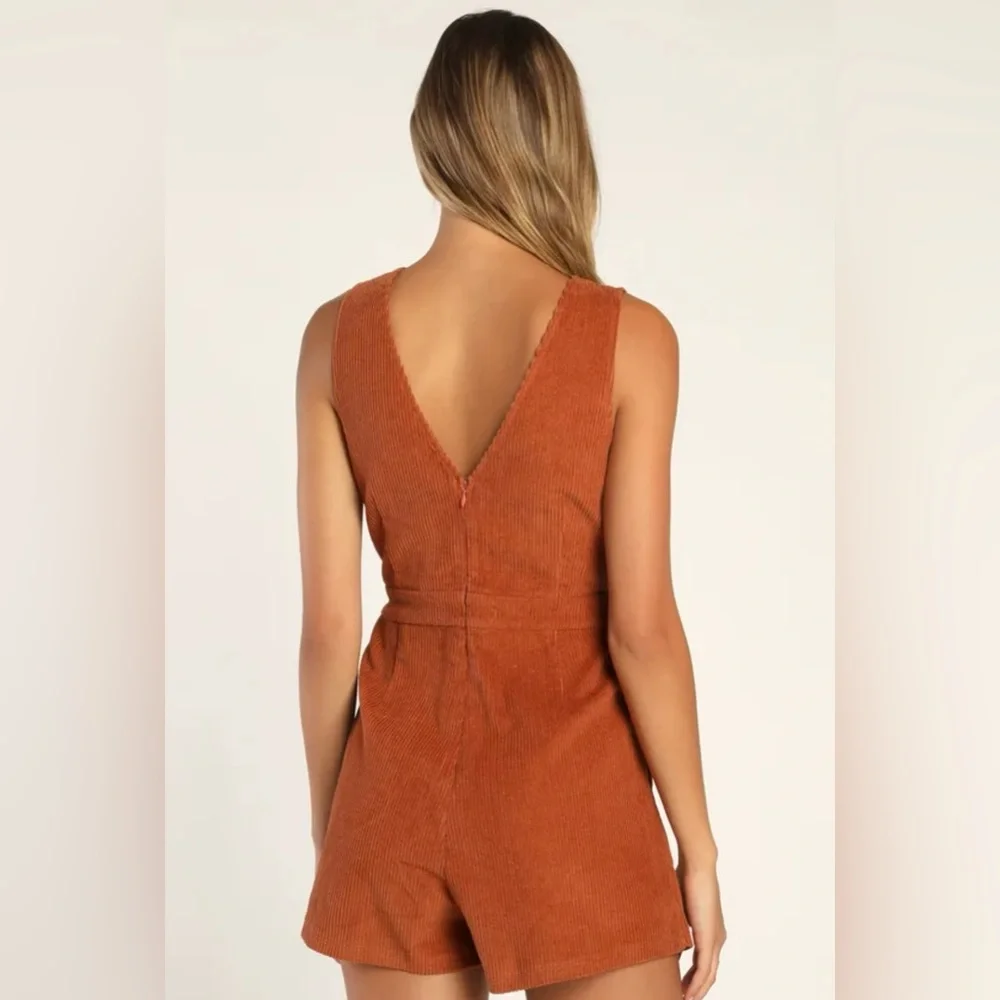 NWOT LULUS Absolutely Cute Rust Orange Corduroy Faux-Wrap Skort Romper - Picture 2 of 8
